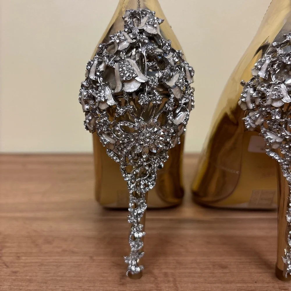 DUNE LONDON Audleys Pointed Toe Pumps Gold Women Size 36 Rhinestone Floral Party